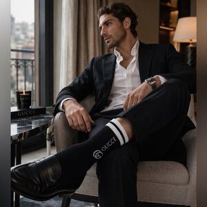 Gucci Black Socks with White Stripes and Logo